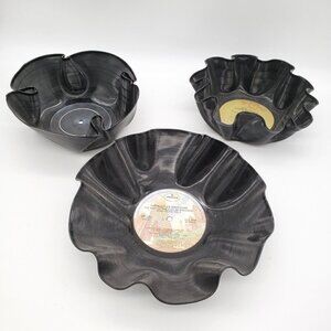 Set Of 3 Recycled Vinyl Record Album Snack Bowls Upcycled Black